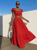 Red And Gold Graphic Skirt And Micro Crop Top Shirred Boho2pcs Set,