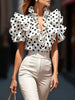 EMERY ROSE Multi-Layer Ruffle Polka Dot Print Deep V-Neck Blouse