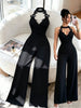 Halter Lace V-Neck Jumpsuit, Waist-Cinched Wide Leg Pants Romper