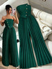 Strapless Button-Up Jumpsuit, High-Waisted Pleated Wide-Leg Pants,