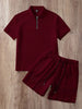 Solid Color Knitted Textured Zipper Collar Polo Shirt And Drawstring Waist Shorts 2 pcsSet