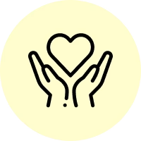 Outline of two hands holding a heart symbol on a yellow background