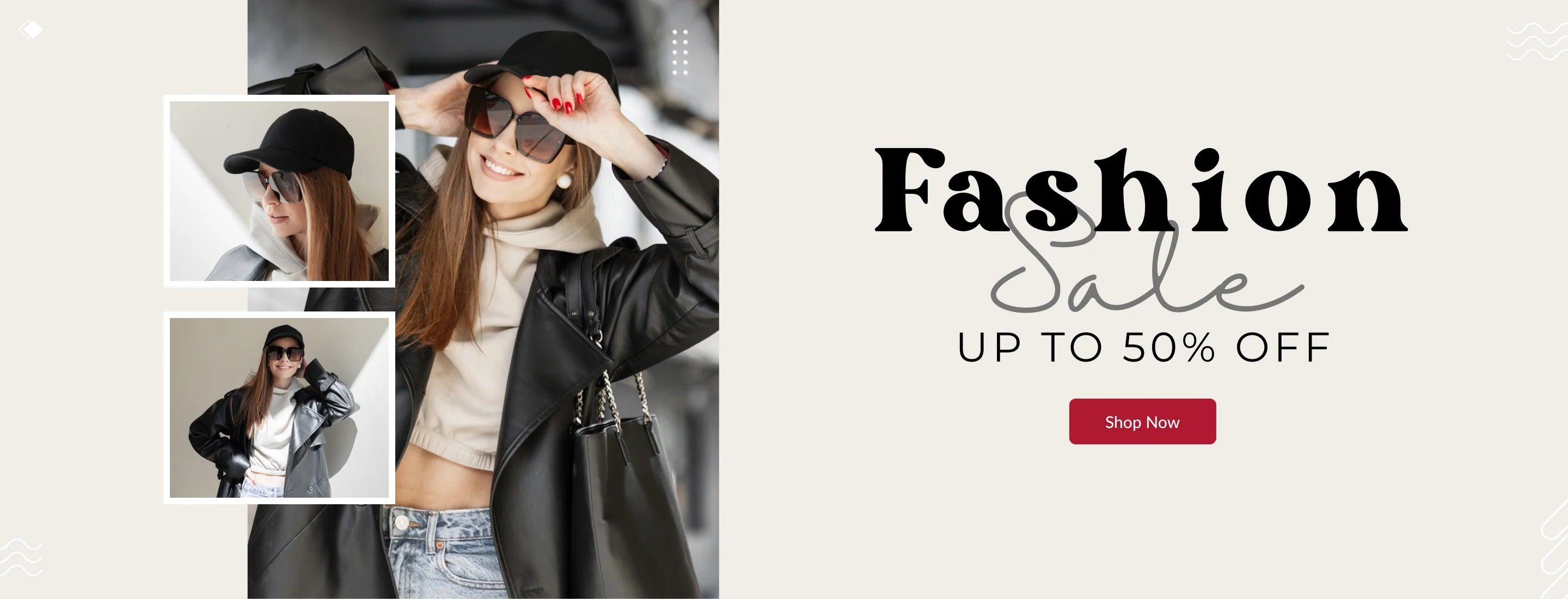 Fashion sale banner with promotional text and images of a woman wearing sunglasses and a coat.