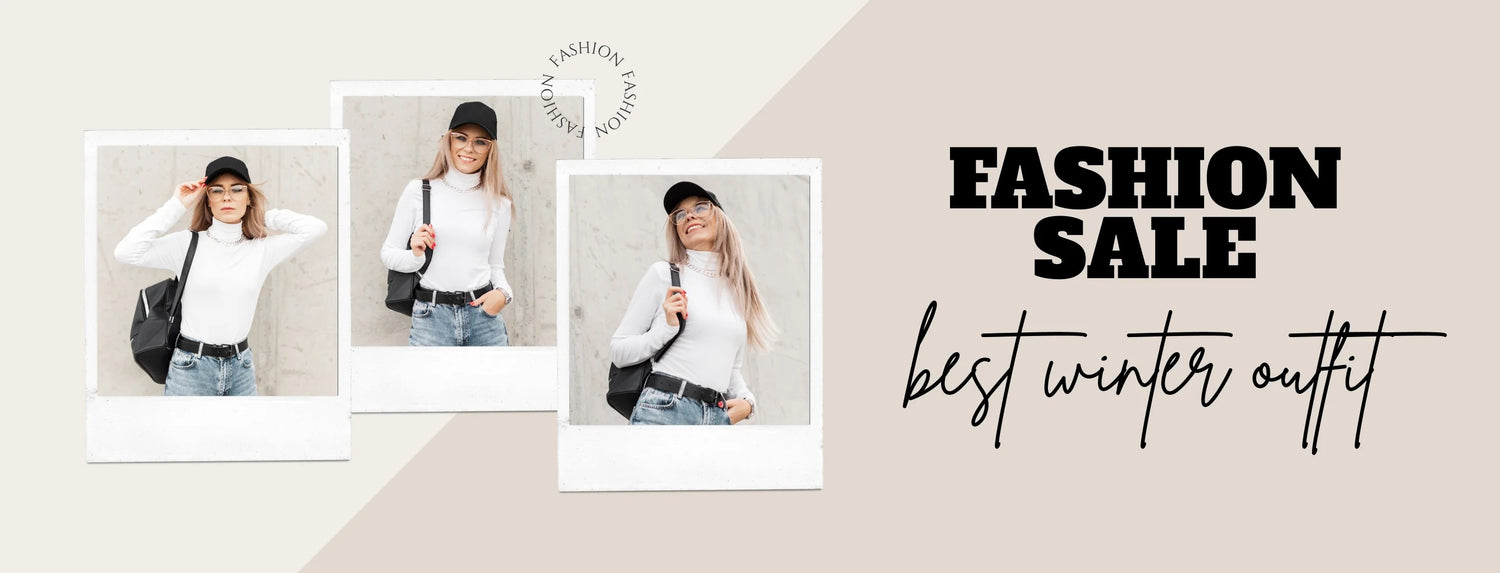 Three images of a person wearing a white shirt and jeans with text 'Fashion Sale' and 'Best Winter Outfit'.